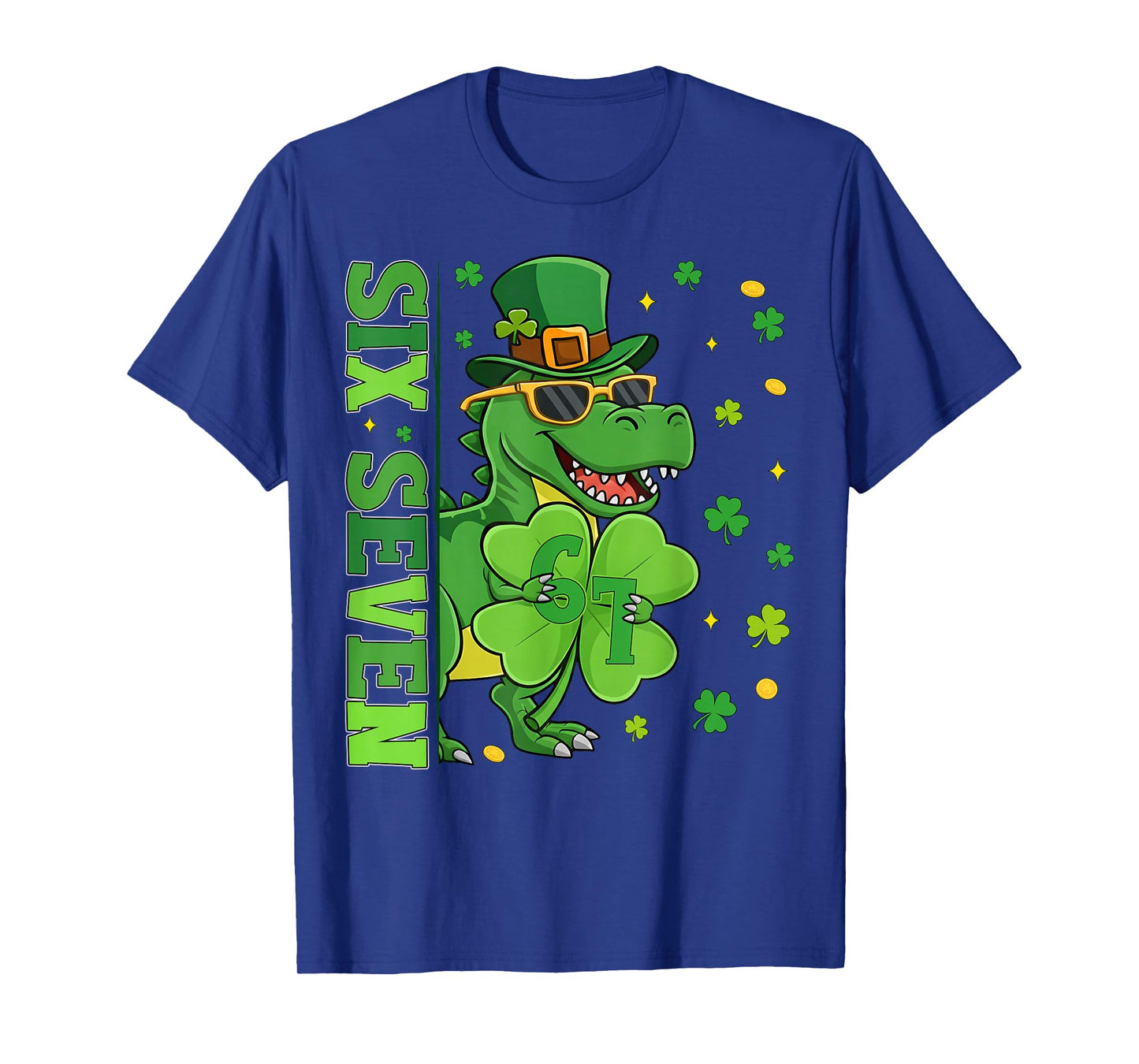 67 Six Seven Meme Funny St Patrick's Day Dinosaur Shamrock T-Shirt