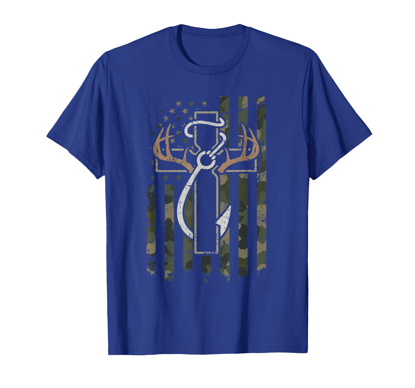 Camo Flag Deer Antlers Cross Fishing Hook Hunting Season T-Shirt