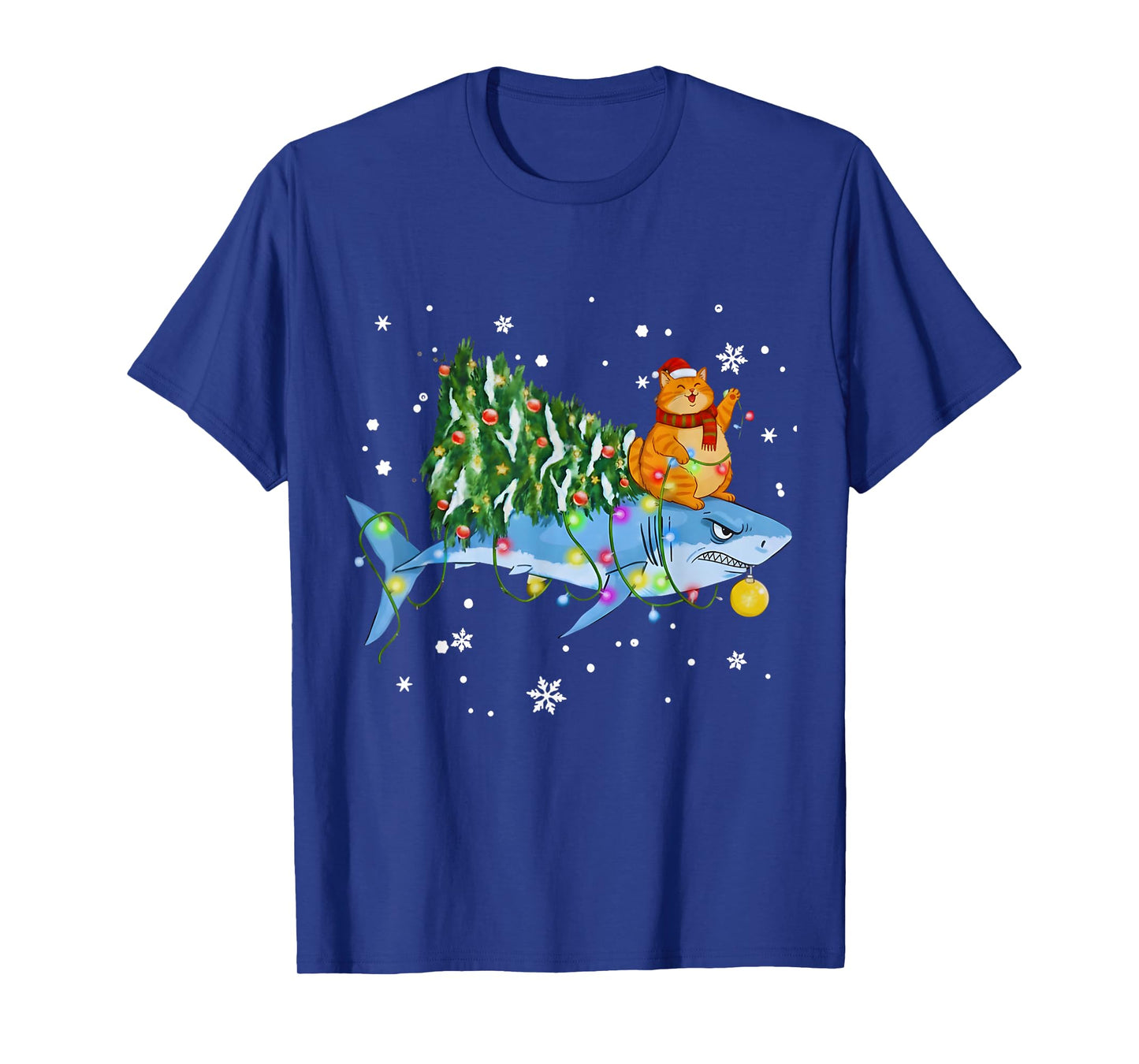 Funny Christmas Shark Cat Tree Lights Sharkmas Tree Xmas Tee T-Shirt