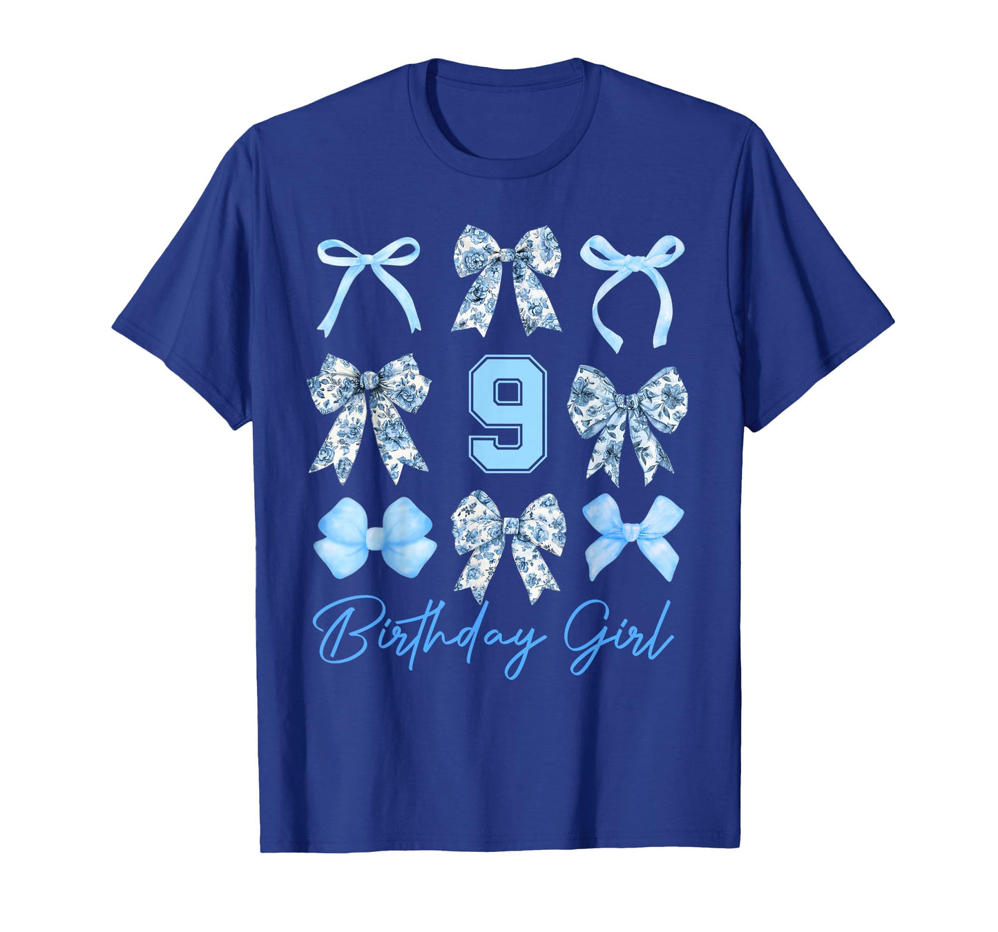 9th Birthday Girl Blue Toile Coquette Bow 9 Year Old Family T-Shirt