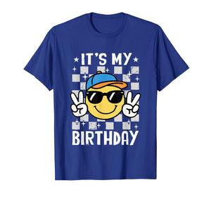 It's My Birthday Checkered Smile Face Bday Party Boys Kids T-Shirt
