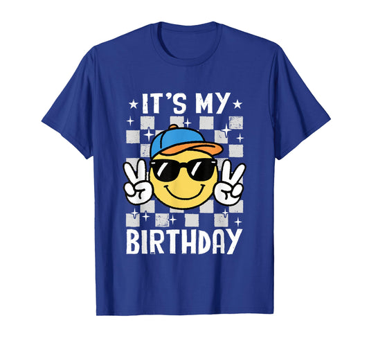 It's My Birthday Checkered Smile Face Bday Party Boys Kids T-Shirt