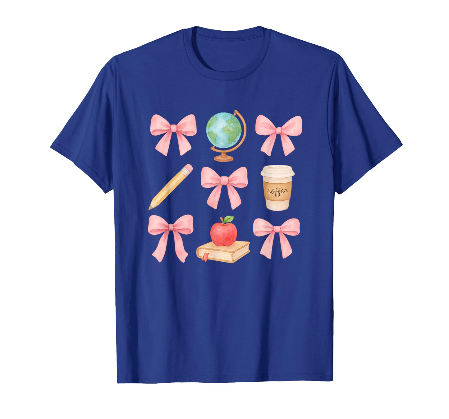Cute Pink Bows Apple Globe Pencil Coffee Teacher Design T-Shirt