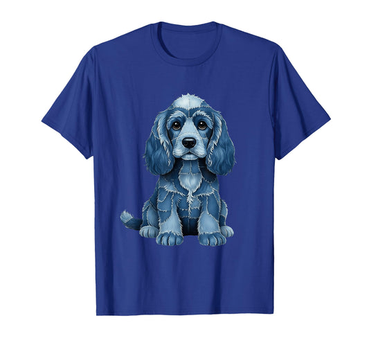 Funny Cocker Spaniel Dog Blue Denim Patchwork Pattern T-Shirt