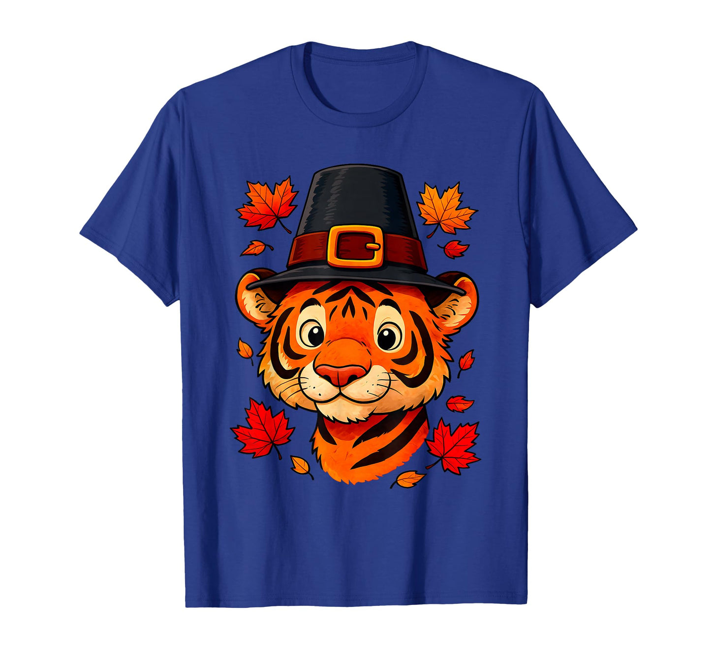 Cute Thanksgiving Tiger in Pilgrim Hat with Leaves T-Shirt