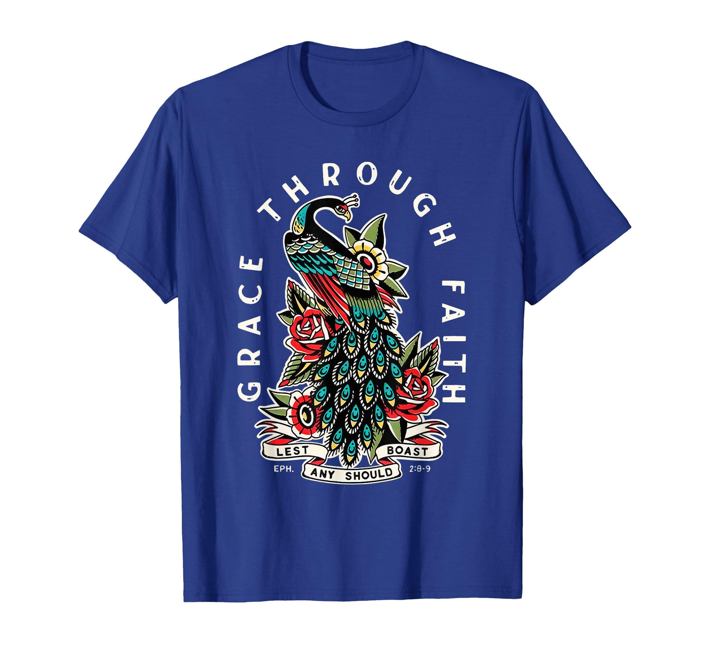 Grace Through Faith Lest Any Should Boast Peacock Christian T-Shirt