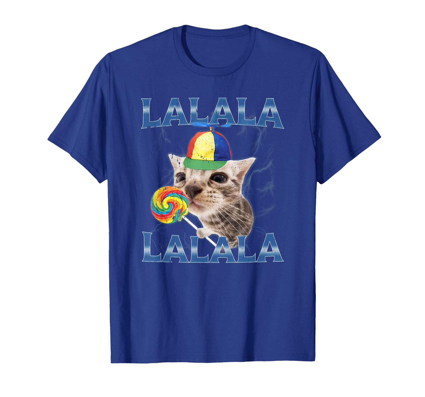 Silly Lalala Cat Meme with Propeller Hat and Candy T-Shirt