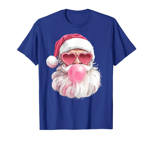 Christmas Retro Santa Face Bubble Gum Pink Heart Sunglasses T-Shirt