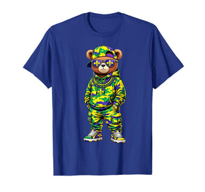 Madi Gras Camo Hip Hop Teddy Bear Cool Rapper Boys Mens Kids T-Shirt