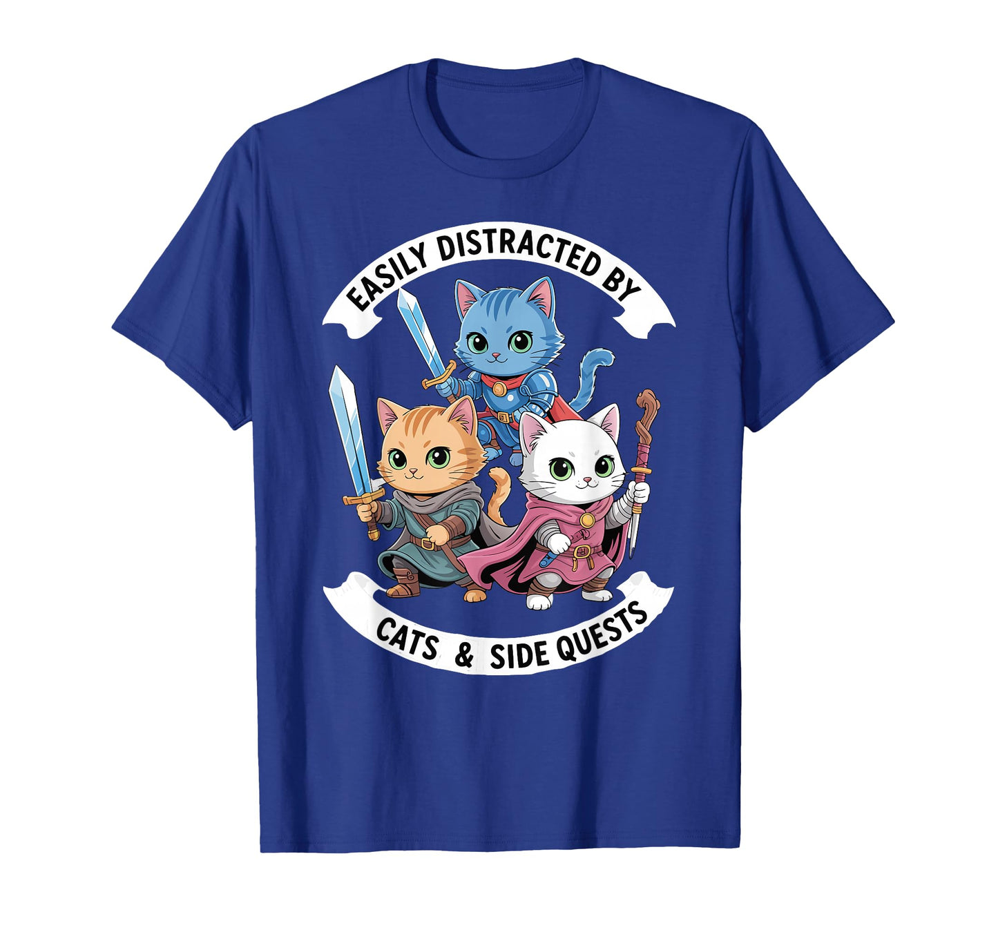 Easily Distracted by Cats & Side Quests Funny Cat Gamer RPG T-Shirt