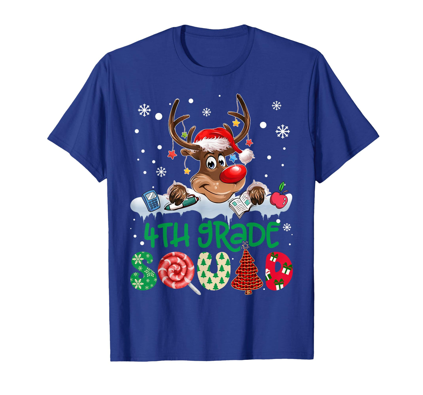 Reindeer Santa Hat 4th Grade Squad Teacher Christmas Kids T-Shirt