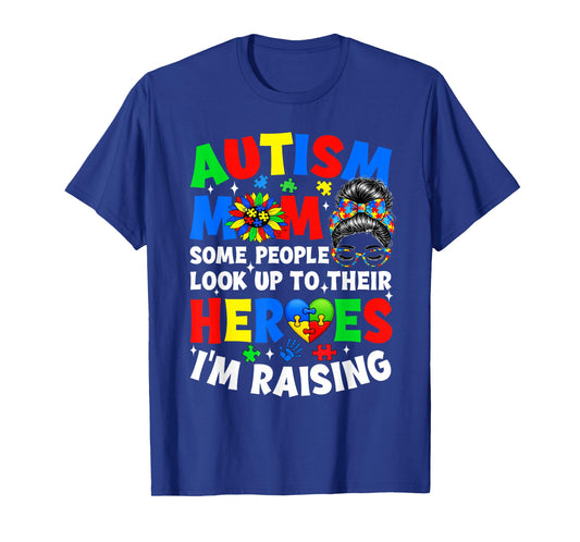 Autism Mom Raising Hero Groovy Messy Bun Autism Awareness T-Shirt