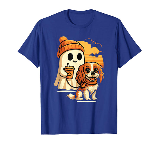 Funny Ghost Walking Cavalier King Charles Dog Halloween T-Shirt