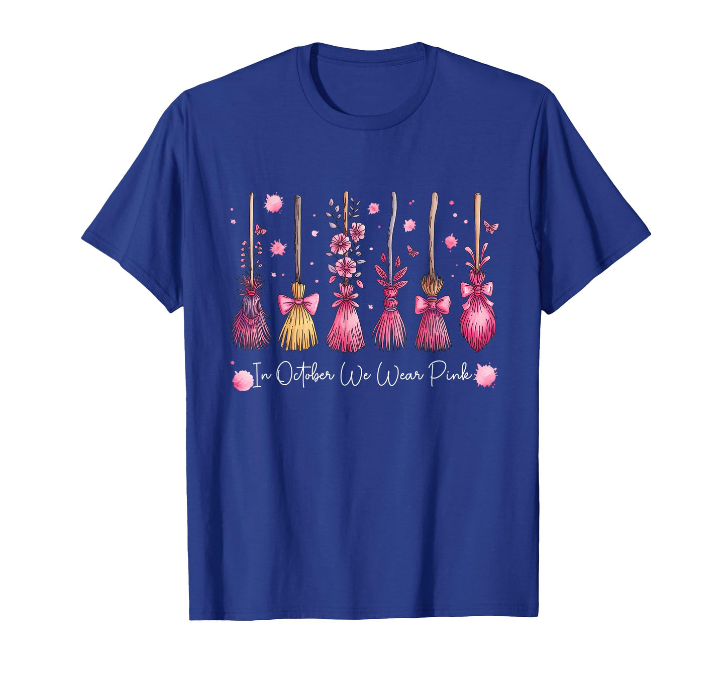 in October We Wear Pink Witch Broomsticks Breast Cancer T-Shirt