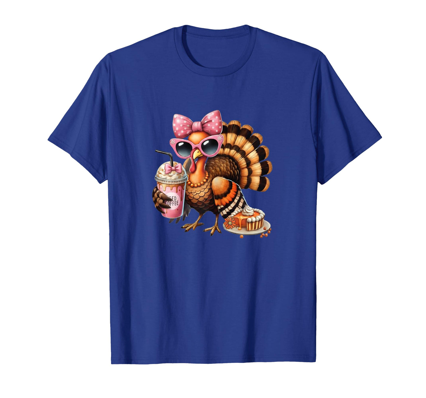 Turkey Drinking Coffee Bow Thanksgiving Womens Turkey Day T-Shirt