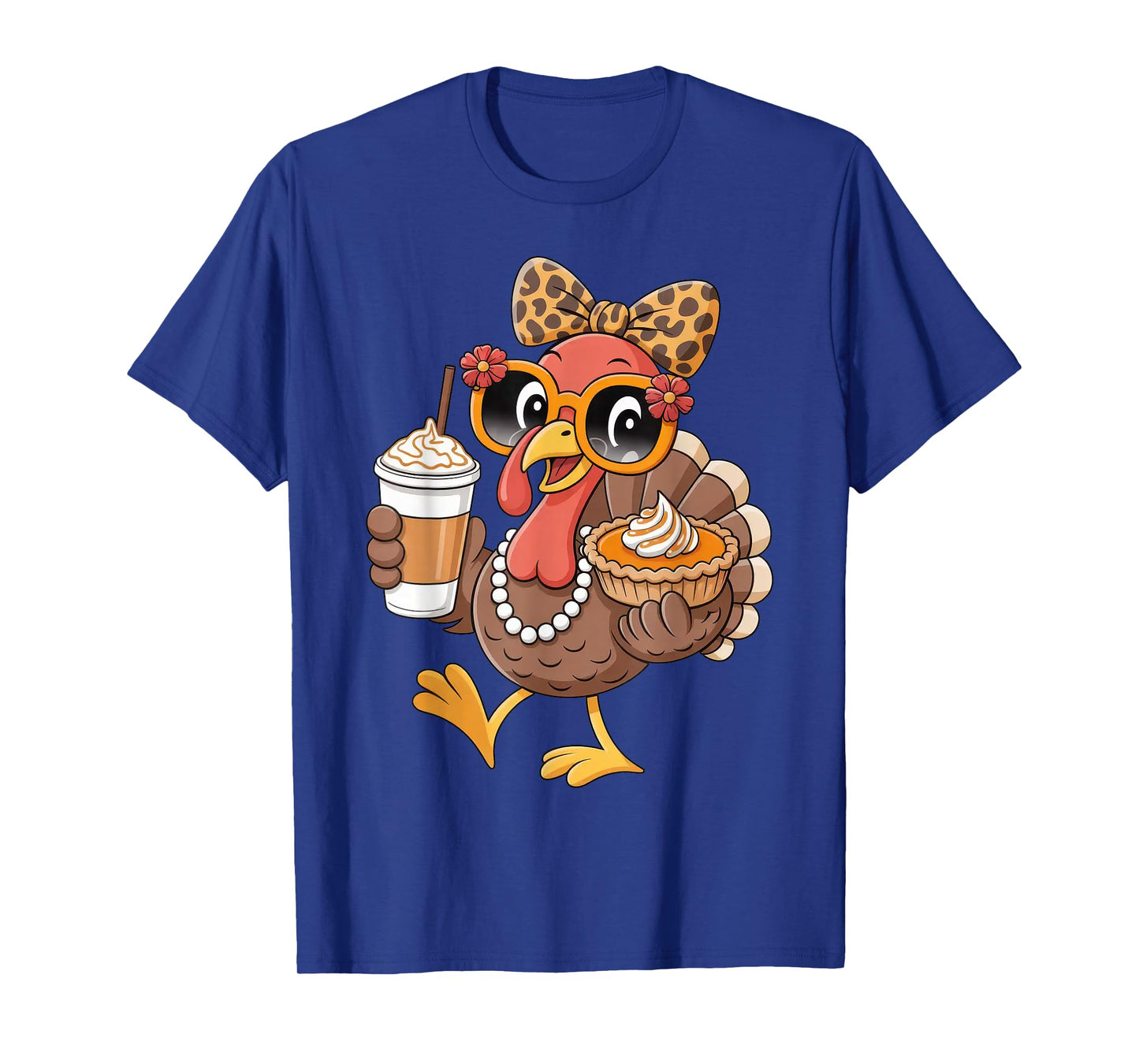 Turkey Drinking Coffee Bow Thanksgiving Leopard Women T-Shirt