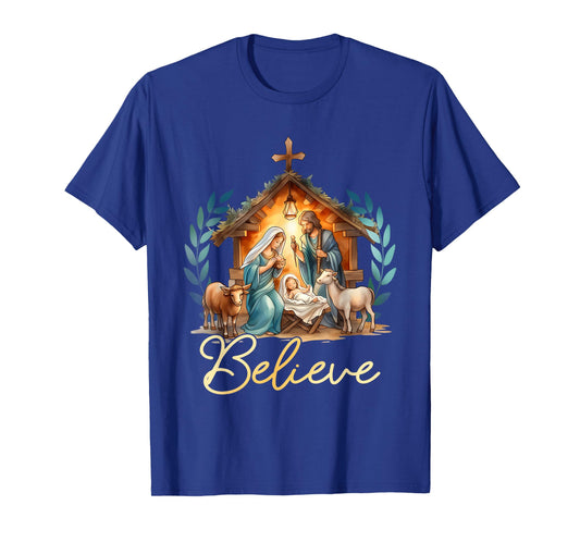 Nativity Scene Believe Christian Xmas Family Merry Christmas T-Shirt