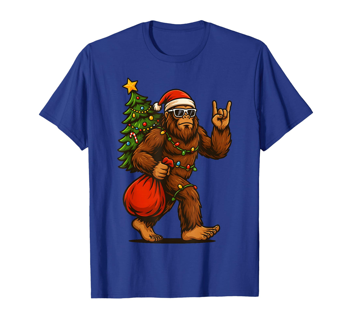 Santa Bigfoot Rock and Roll Christmas Tree Xmas Lights Mens T-Shirt