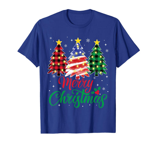 Merry Christmas Trees Red Plaid American Flag USA Xmas T-Shirt