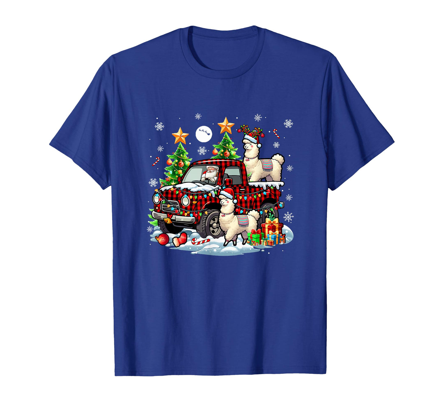 Two Xmas Reindeer Santa Llamas On Colorful Pickup Truck T-Shirt