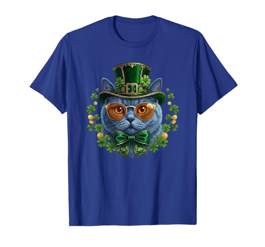 British Shorthair Cat Leprechaun Hat Glasses St Patricks Day T-Shirt