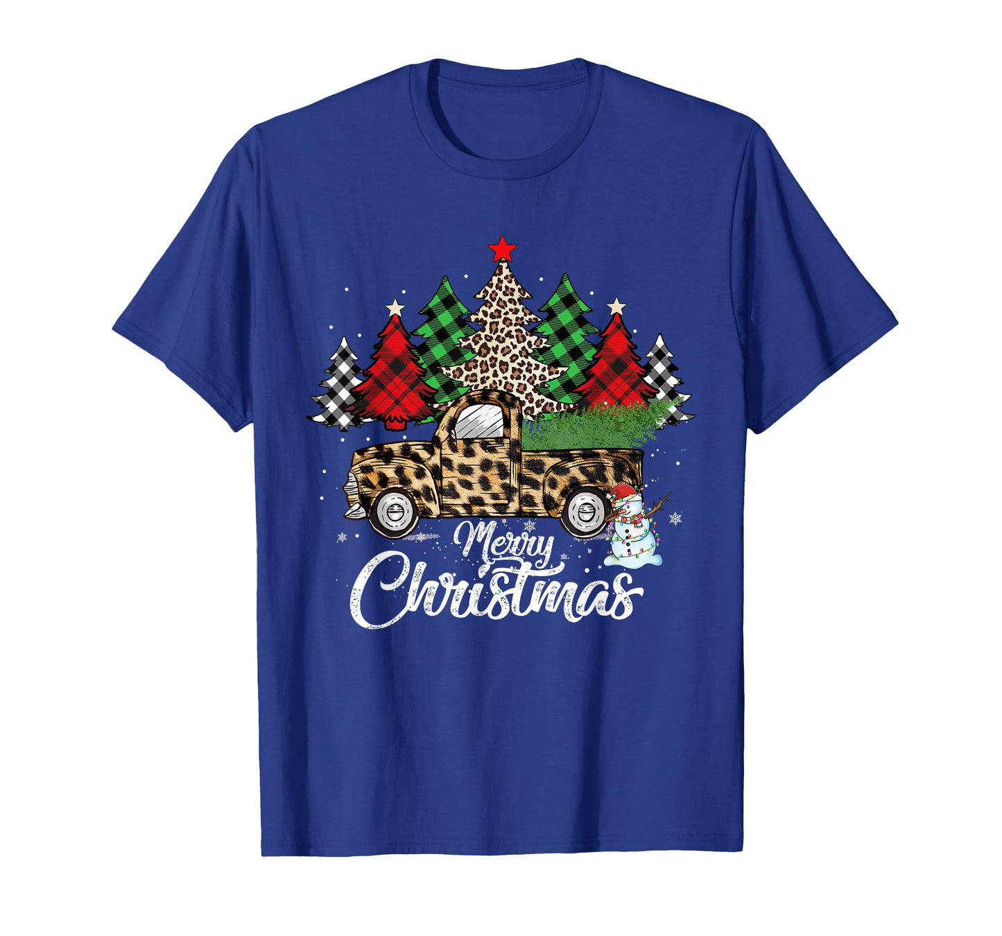 Merry Christmas Leopard Truck Buffalo Plaid Xmas Trees Party T-Shirt