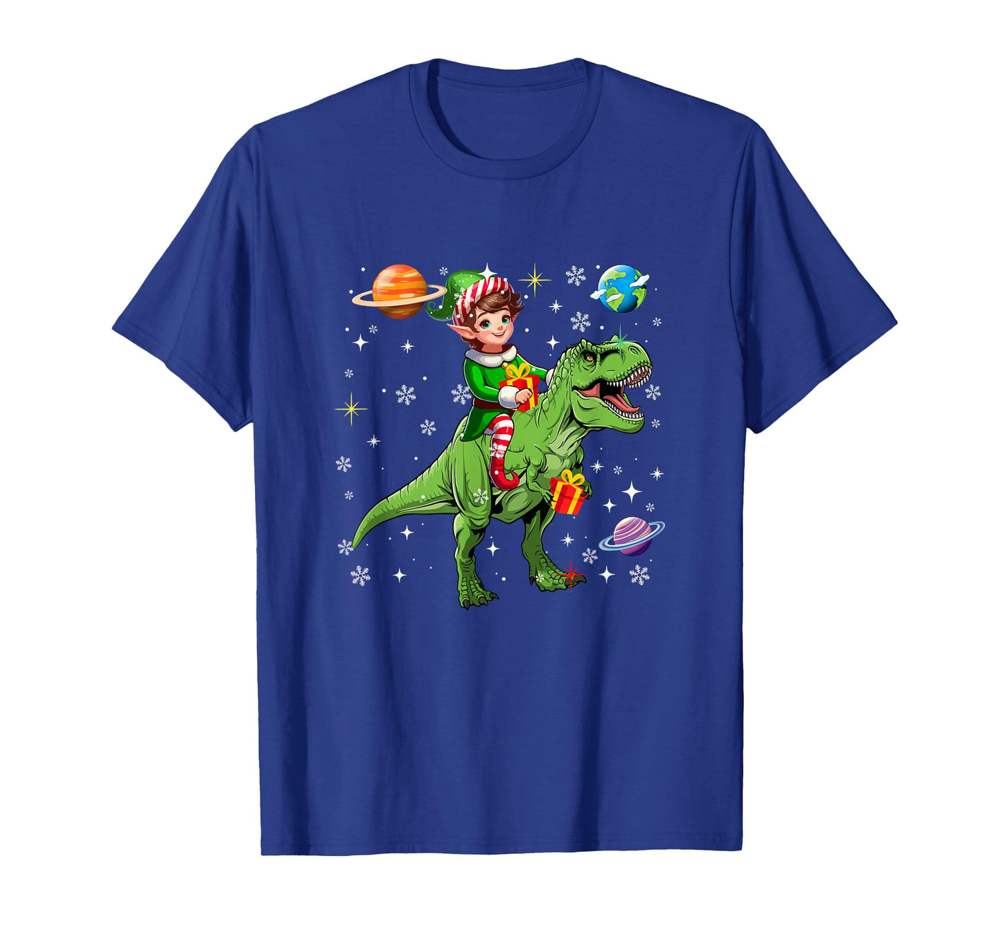 Elf Riding T-Rex Colorful Christmas Boxes Space Planets T-Shirt