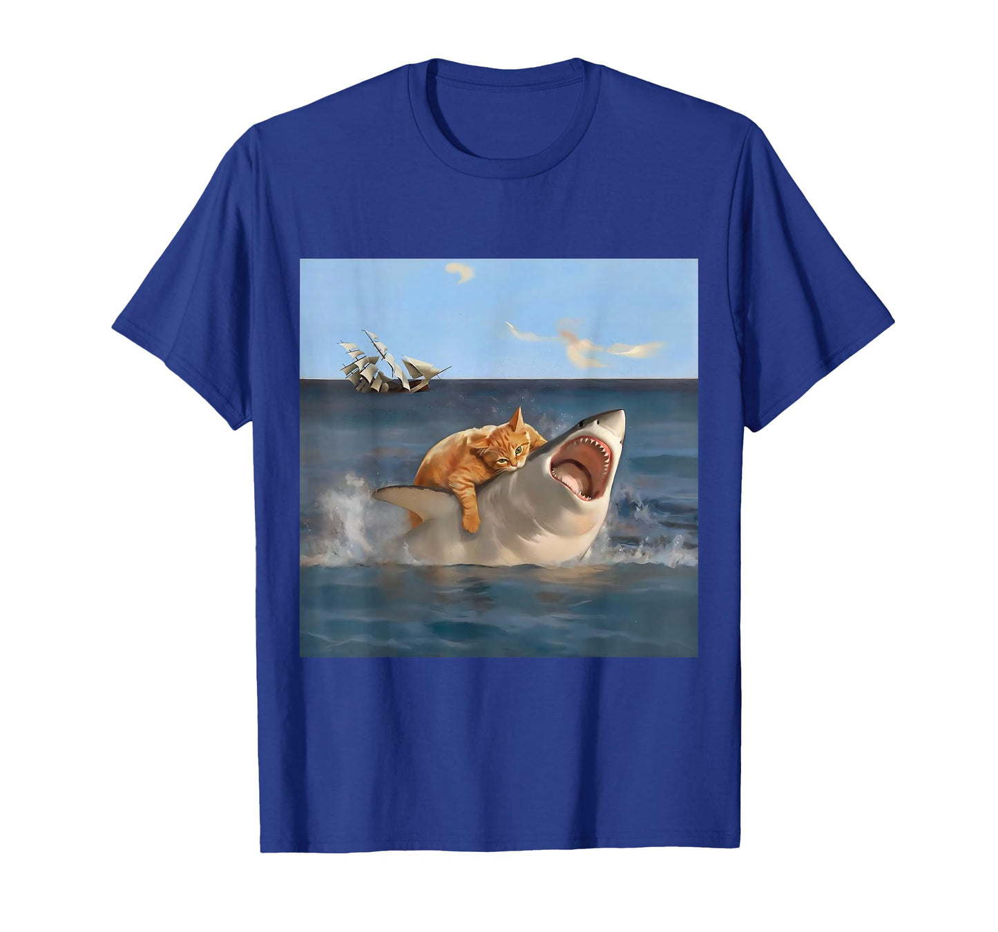 Orange Cat Biting Shark Humorous Funny Art Meme Cat Lover T-Shirt