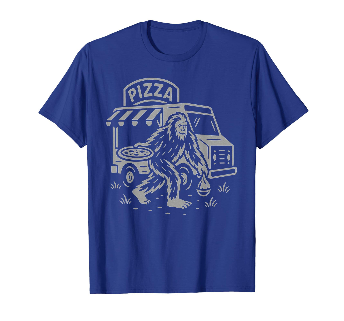 Funny Bigfoot Cryptid Eats Pizza Beside Food Truck at Night T-Shirt