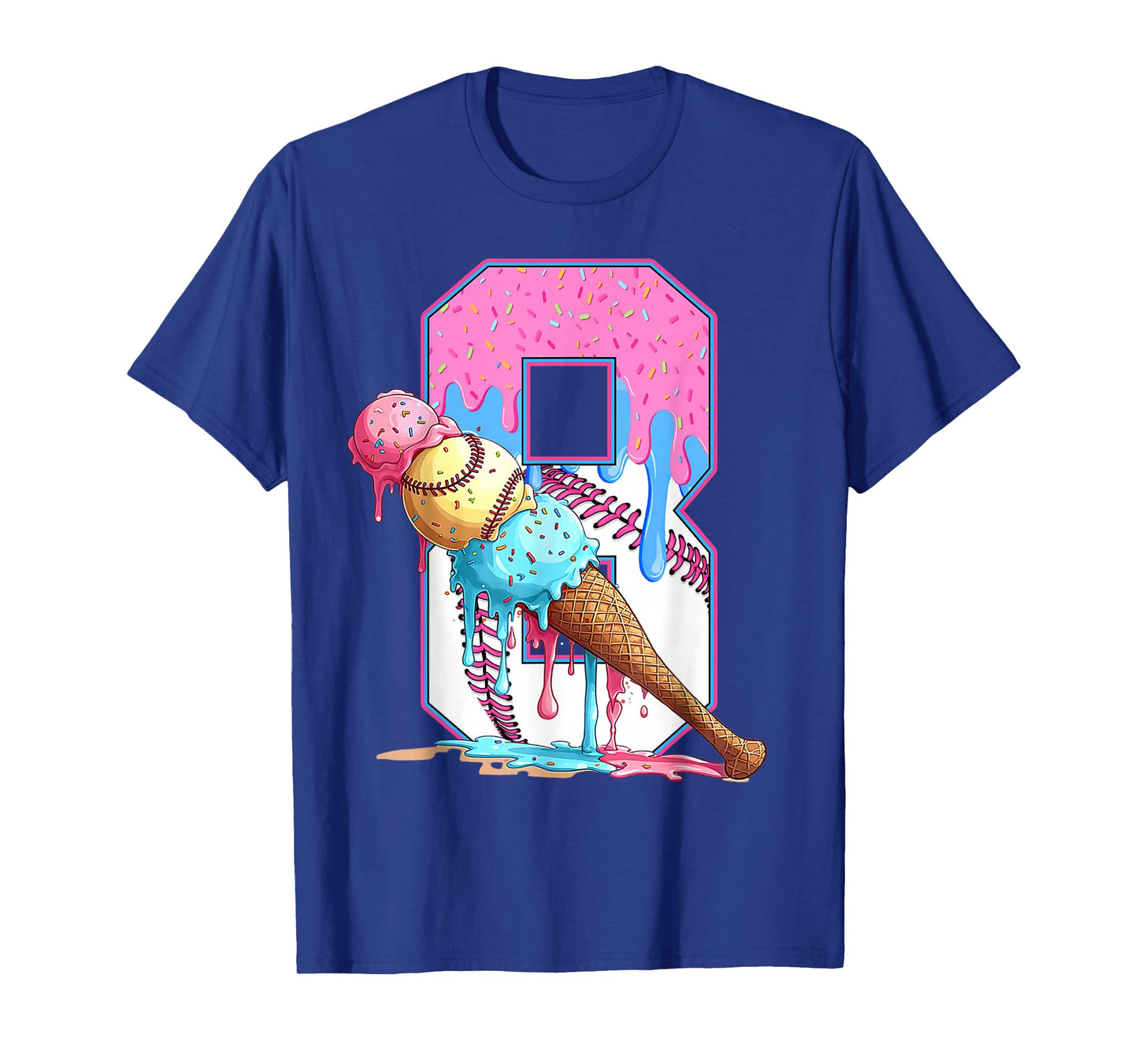 Funny Baseball 8 Year Old Ice Cream Drip 8th Birthday Boy T-Shirt