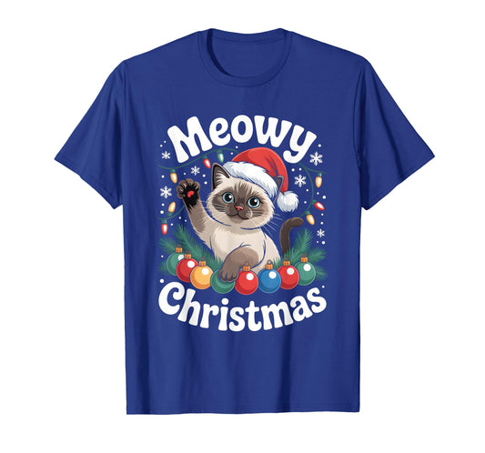 Siamese Cat Meowy Christmas Cute Santa Hat Holiday Funny T-Shirt