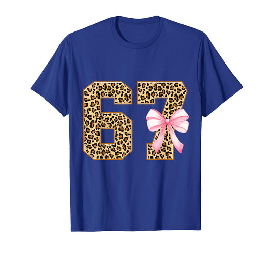 Funny 67 Meme Six Seven Leopard Print Pink Bow 6-7 Girls Kid T-Shirt