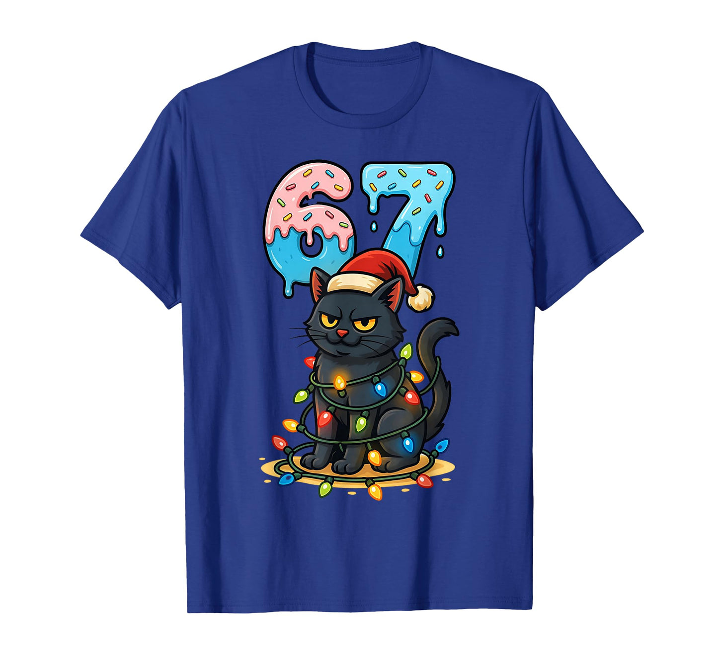 67 Black Cat Santa Hat Christmas Lights Drip for Girls Women T-Shirt