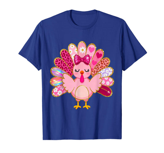 Women Pink Turkey Hearts Leopard Floral Thanksgiving Girls T-Shirt