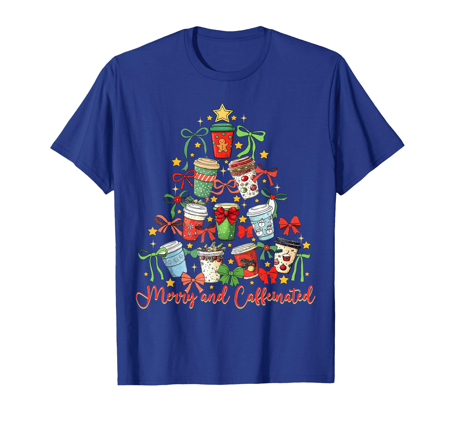 Merry and Caffeinated Coquette Bow Coffee Christmas Tree T-Shirt