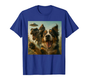 Shocked Australian Shepherd Dog T-Rex Bigfoot UFO Selfie T-Shirt