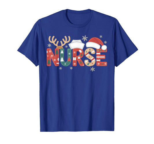 Nurse Christmas Patchwork Reindeer Santa Hat Holiday Lights T-Shirt