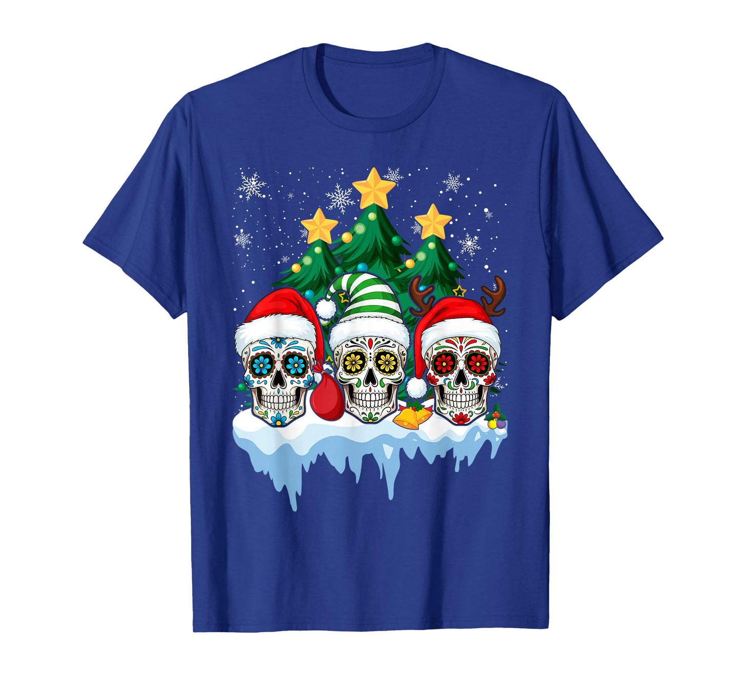 Mexican Calavera Santa Flower Sugar Skull Christmas T-Shirt