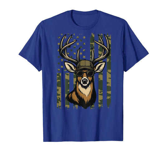 Men Camo Deer Hunting American Flag Whitetail Buck Youth Boy T-Shirt