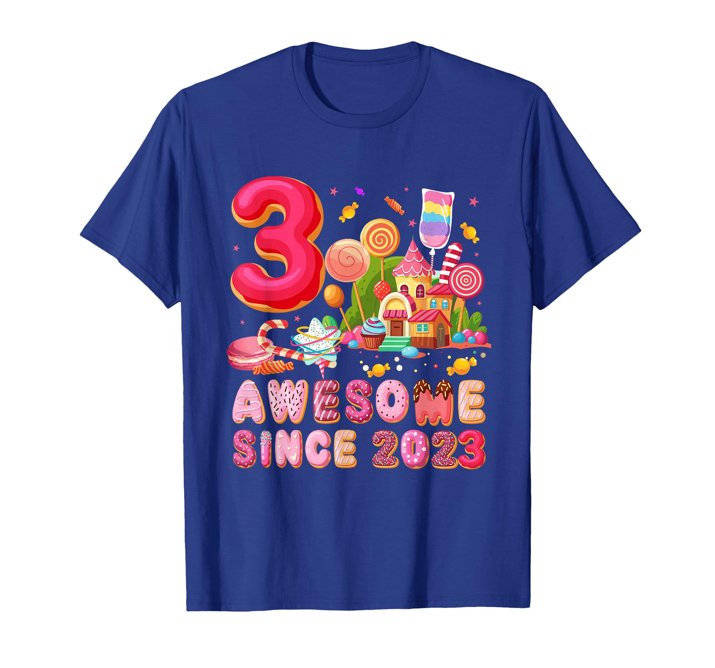 Awesome Since 2023 Candy Theme 3 Year Old Girl Birthday T-Shirt