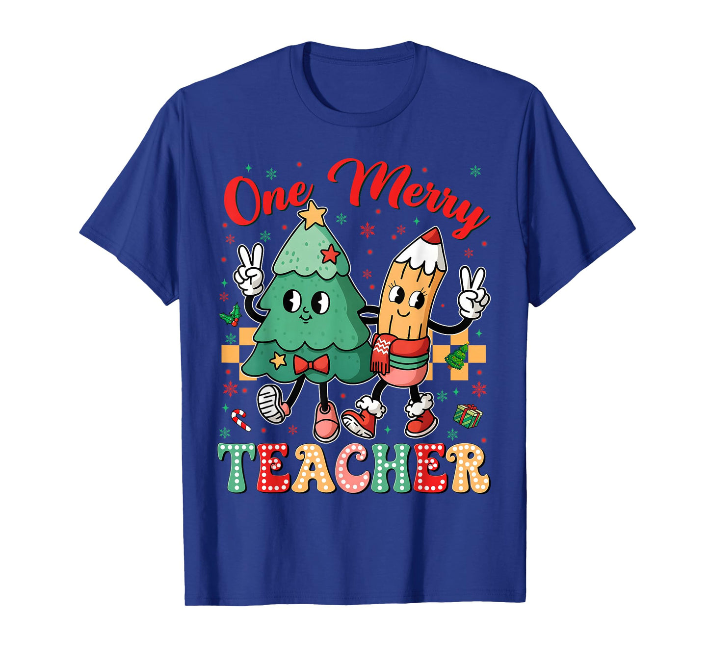 One Merry Teacher Groovy Christmas Tree Pjs Xmas Teacher T-Shirt