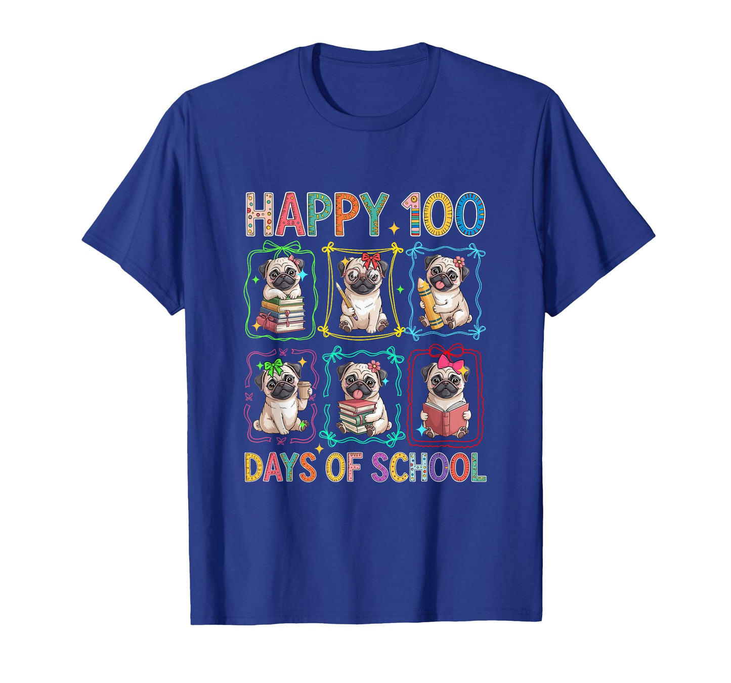 Happy 100 Days of School Colorful Group Pugs Students Kids T-Shirt