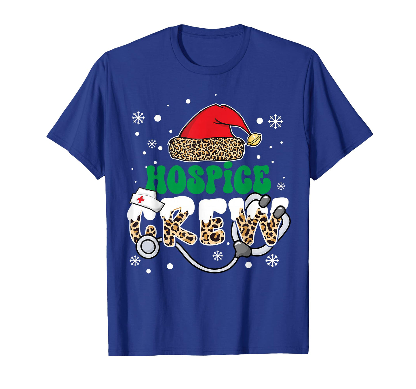 Hospice Crew Nurse Leopard Santa Hat Stethoscope Christmas T-Shirt