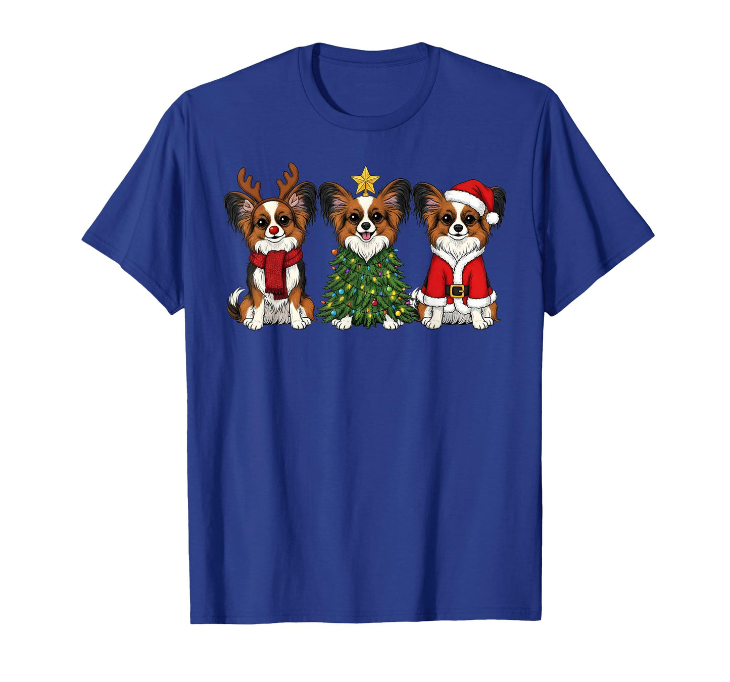 Retro Christmas Papillon Dog Lover Santa Reindeer T-Shirt