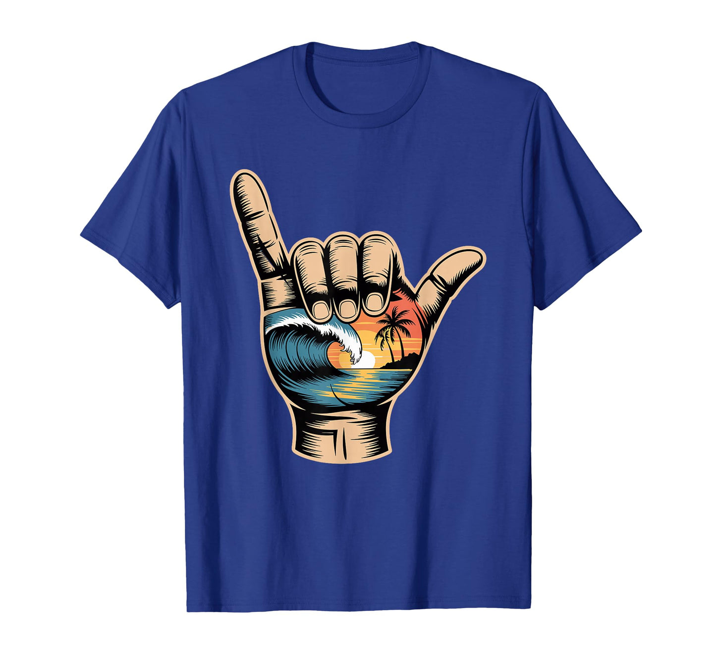 Hand Sunset Wave Vintage Palm Trees Ocean Retro Beach Summer T-Shirt