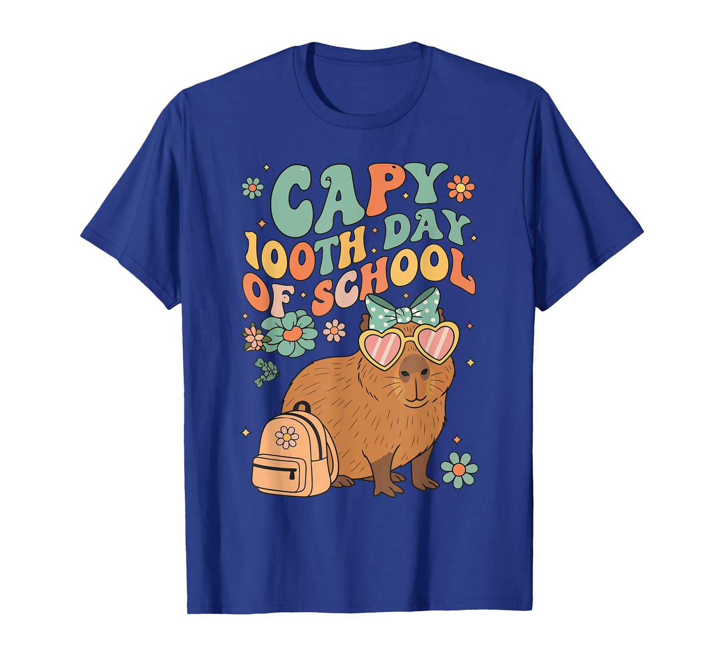 Capy 100th Day of School Groovy Flowers Capybara Design T-Shirt