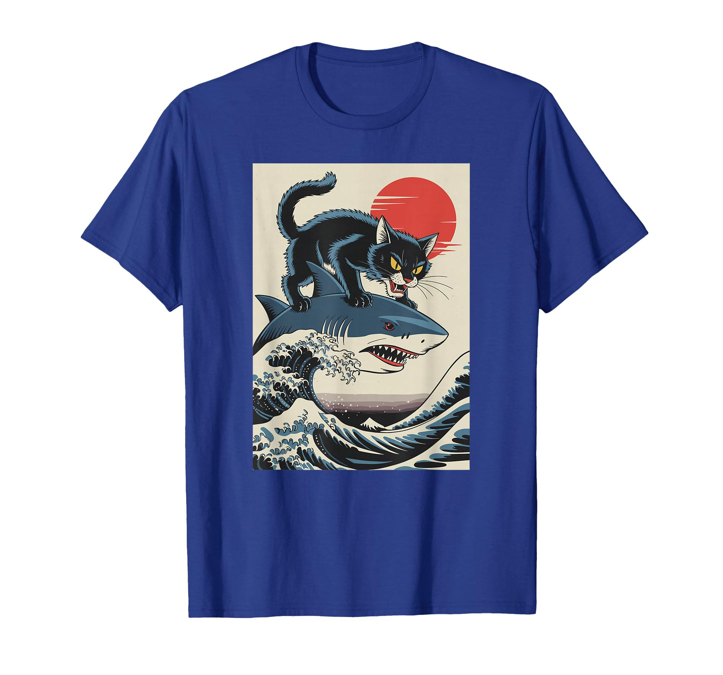 Cat Riding Shark Japanese Wave Ocean Sun Funny Cool T-Shirt