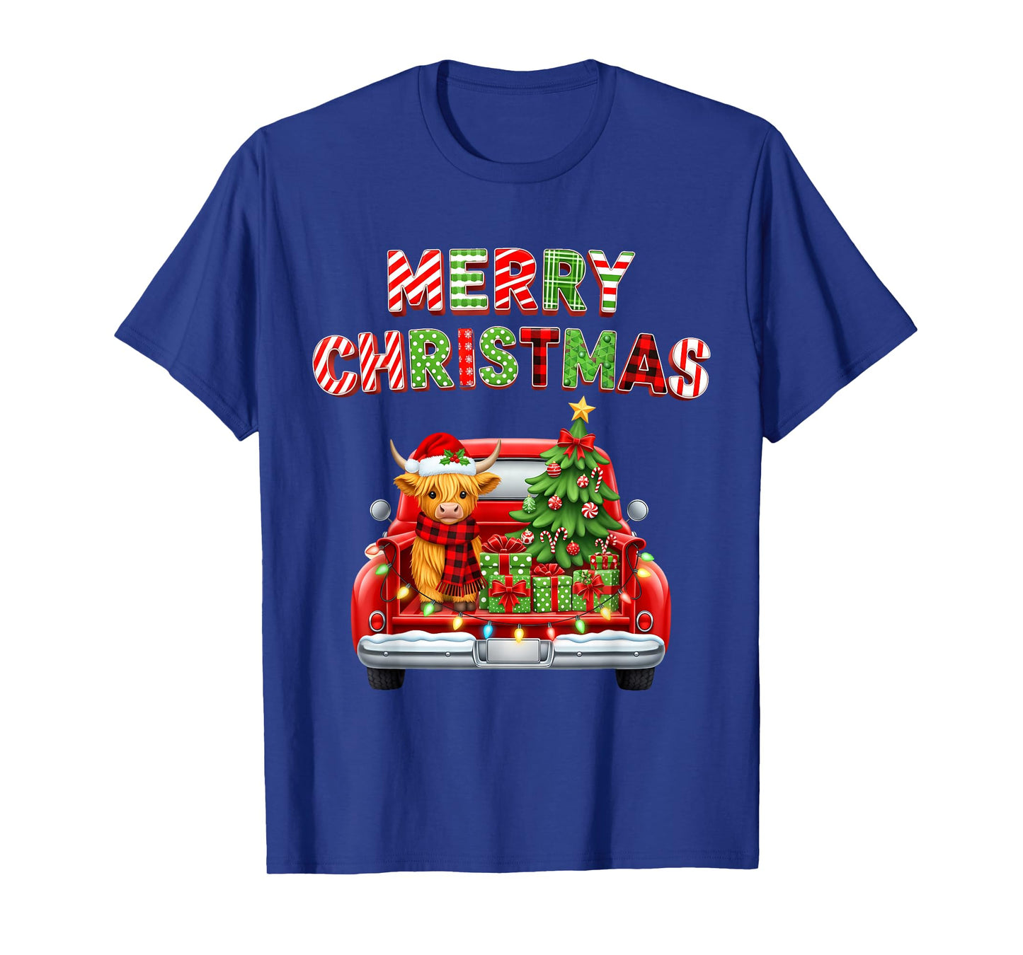 Merry Christmas Highland Cow Red Truck Matching Outfit Xmas T-Shirt