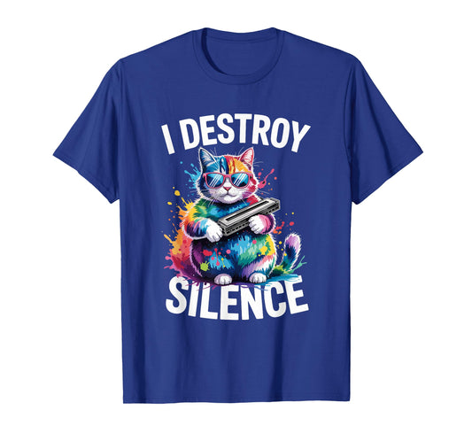 I Destroy Silence Rainbow Cat Harmonica Music T-Shirt