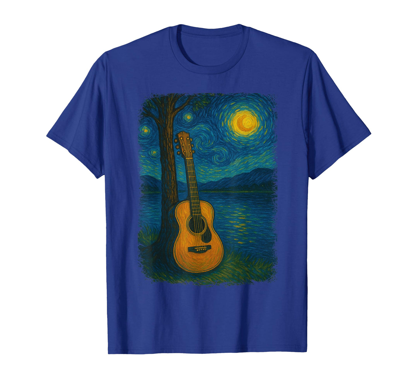 Acoustic Guitar Lake Starry Night Van Gogh Music Guitarist T-Shirt